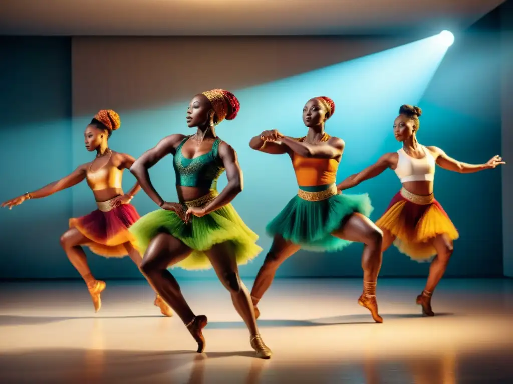 Un grupo de bailarines contemporáneos en un estudio, combinando danza moderna con movimientos africanos