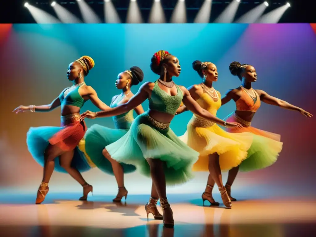 Grupo de bailarines de danza africana diáspora en vibrante escenario, expresando libertad y alegría con movimientos dinámicos y coloridos