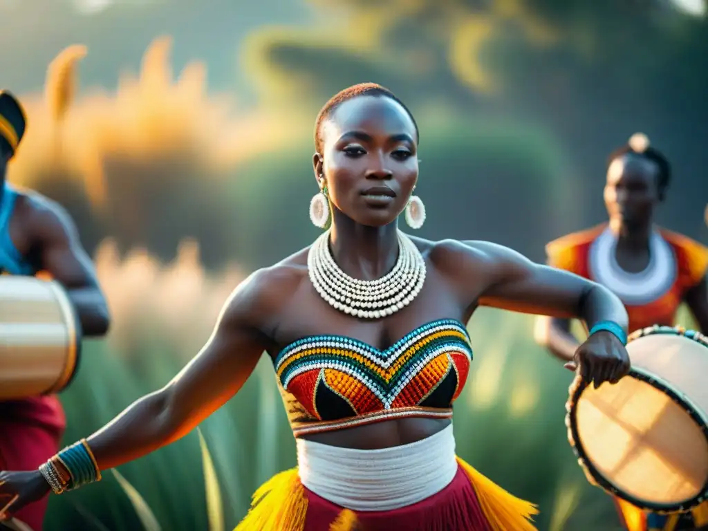 Un grupo de bailarines de África Occidental en vibrantes atuendos tradicionales, ejecutando rituales de danza en África al atardecer