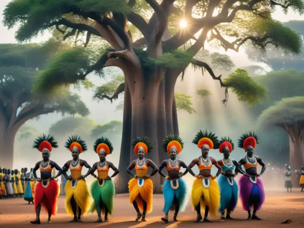 Un grupo de bailarines tradicionales del África Central en vibrantes trajes, danzando bajo un baobab