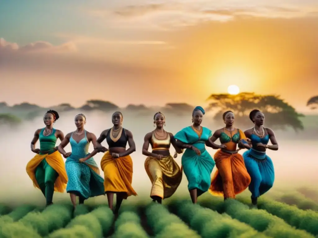 Grupo de bailarines en trajes africanos danzando con pasión y libertad bajo el cielo abierto en un campo verde