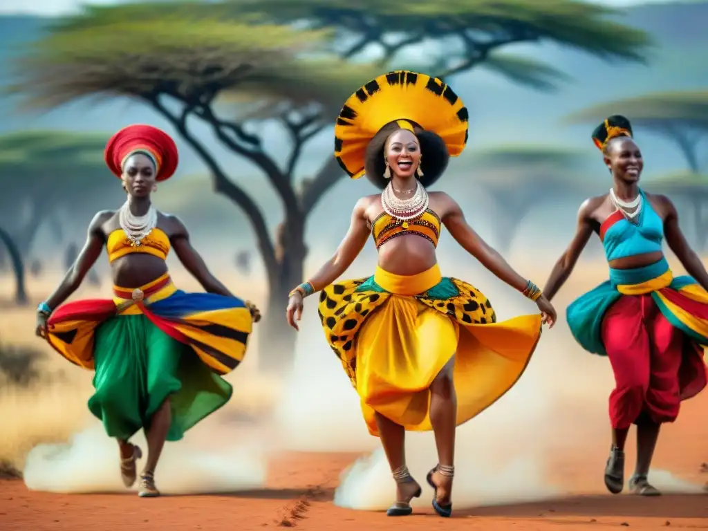 Un grupo de bailarines en trajes tradicionales africanos realizando una poderosa rutina de danza en la sabana, rescatando danzas africanas olvidadas