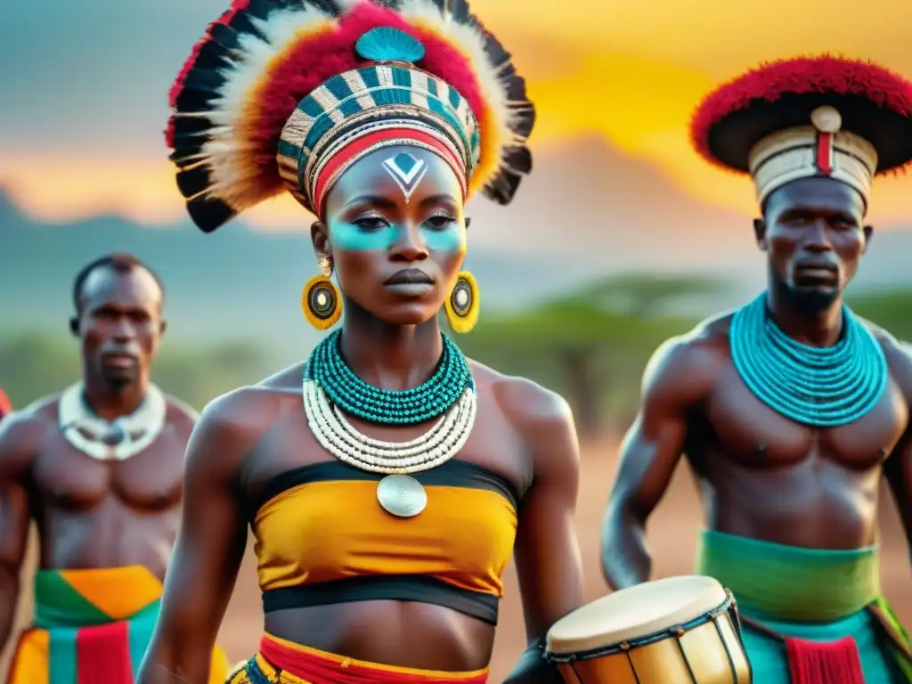 Danzas tribales africanas al atardecer Un grupo de bailarines tribales africanos danzando al ritmo de tambores bajo el sol poniente, con poder espiritual y dinámica ritual africana