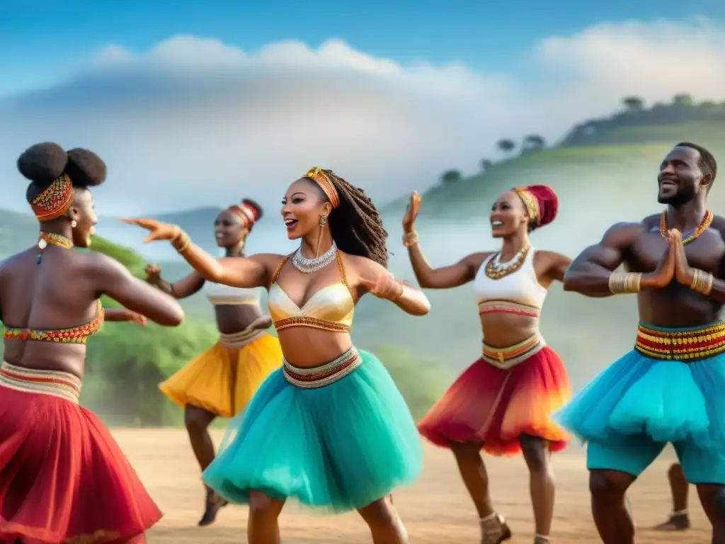 Un grupo de bailarines ejecutando una vibrante danza tradicional africana bajo el cielo abierto, con atuendos coloridos y movimientos rítmicos