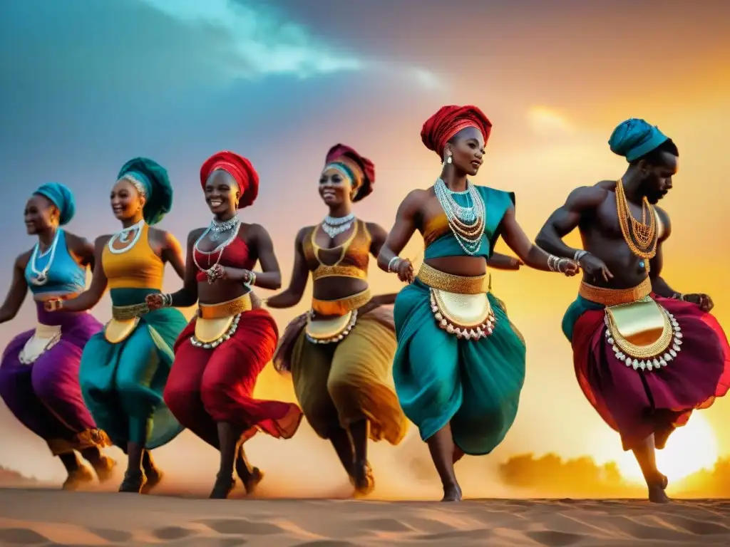 Grupo de bailarines en vibrantes atuendos africanos, danzando al atardecer