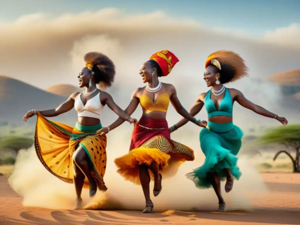 Un grupo de bailarines vibrantes en trajes africanos tradicionales, capturados en pleno movimiento durante un festival africano bajo el sol abrasador