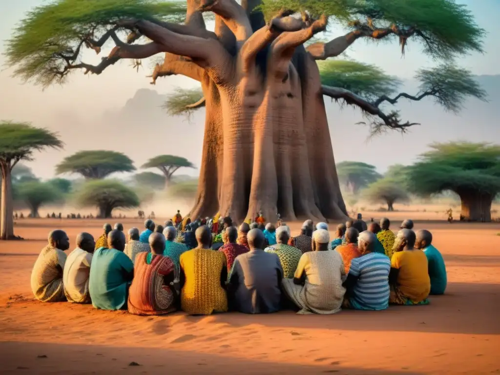 Un grupo de ancianos Mossi bajo un baobab en Burkina Faso, inmersos en una animada charla