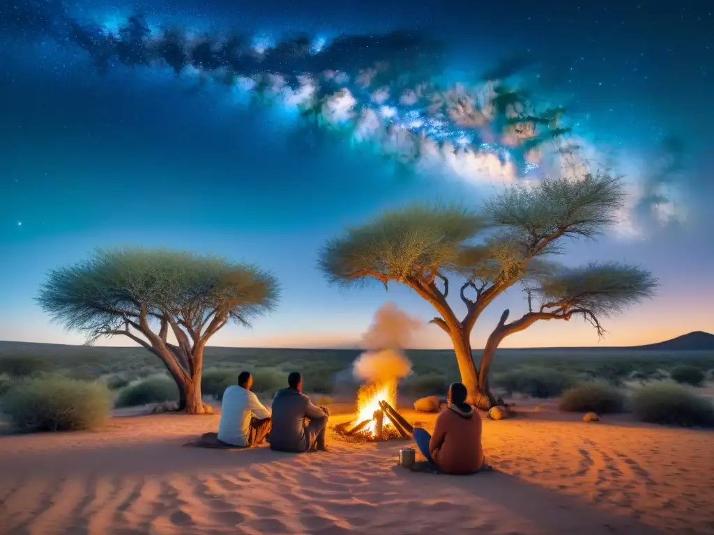 Grupo de Bosquimanos junto al fuego en el desierto de Kalahari, con vestimenta tradicional y la Vía Láctea brillando arriba