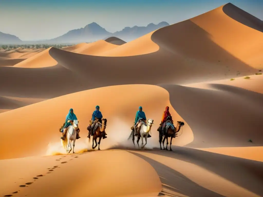 Un grupo de nómadas tuareg viaja en camellos por el desierto del Sahara, mostrando la influencia global de las antiguas civilizaciones africanas