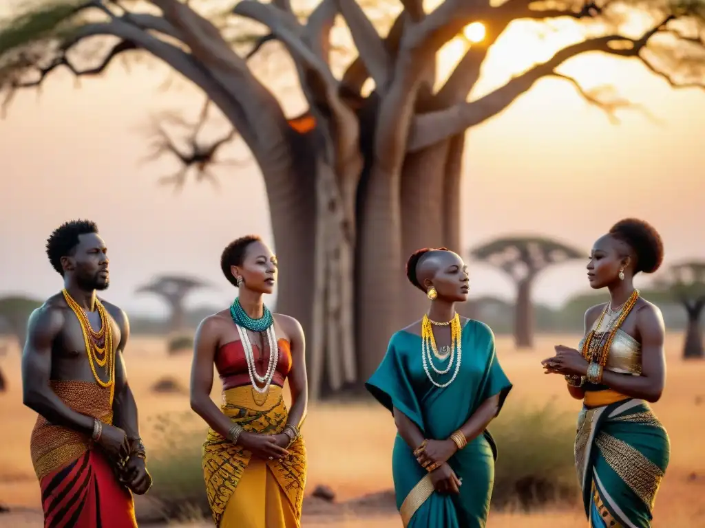 Un grupo de cantantes africanos viste atuendos tradicionales, interpretando cantos tribales bajo un baobab