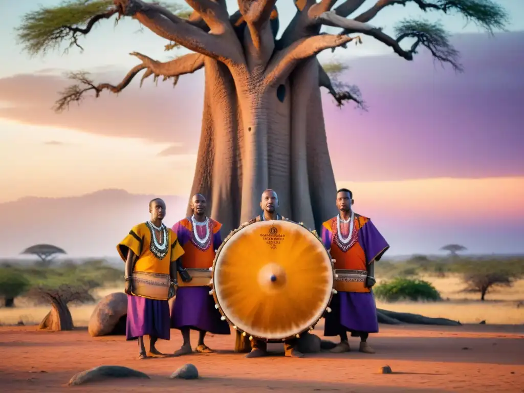 Un grupo de cantantes tribales africanos bajo un baobab al atardecer