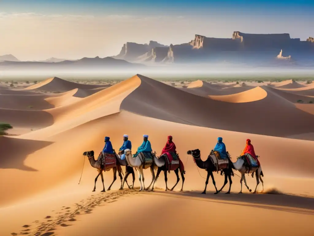 Un grupo de nómadas Tuareg lidera una caravana de camellos en las Rutas comerciales transaharianas historia, bajo el sol abrasador del Sahara