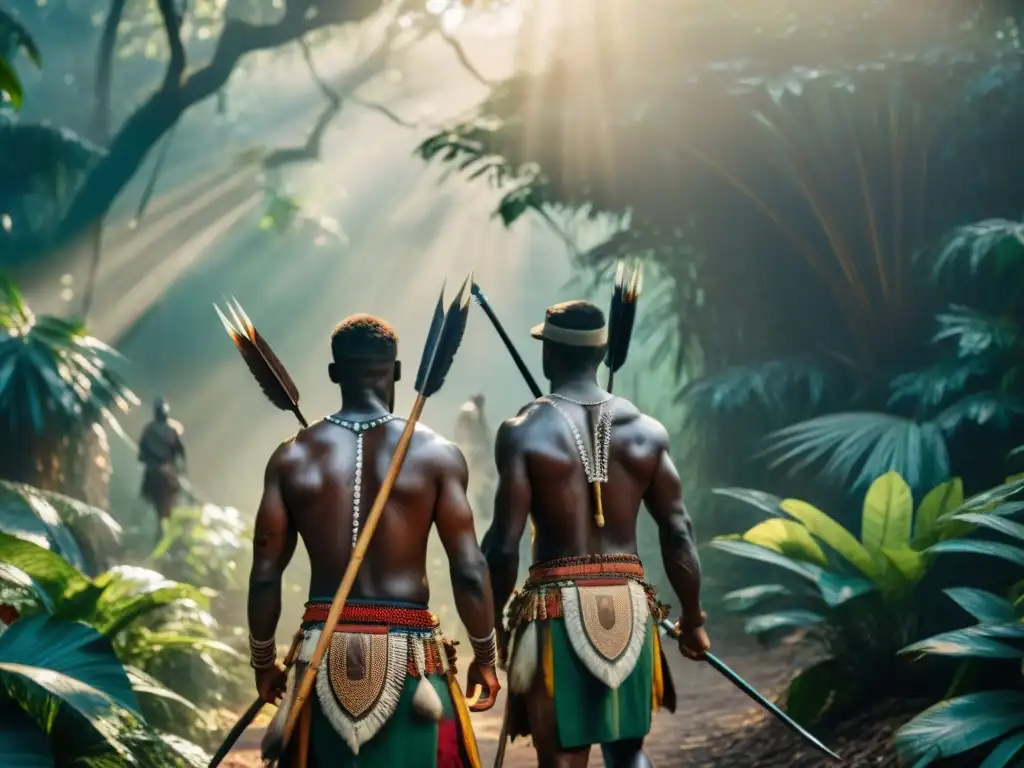 Cazadores indígenas africanos en la selva: tradición y misterio Grupo de cazadores indígenas en África con vestimenta tradicional y armas artesanales, en la densa selva africana