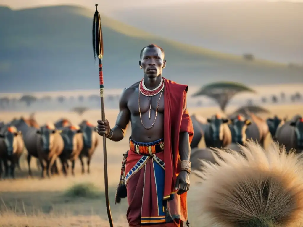 Grupo de cazadores Maasai en vestimenta tradicional preparándose para ritual de caza al amanecer en la sabana africana