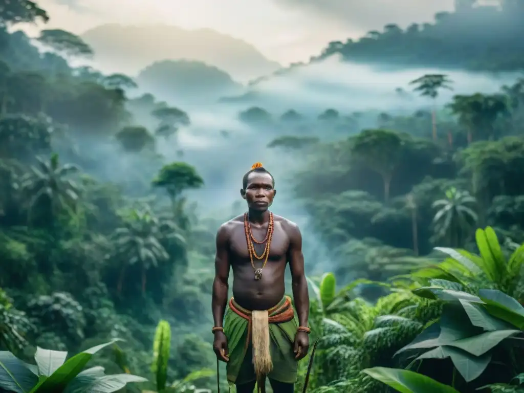 Grupo de cazadores recolectores BaAka en la selva africana, con vestimenta tradicional, pinturas faciales y arcos flechas