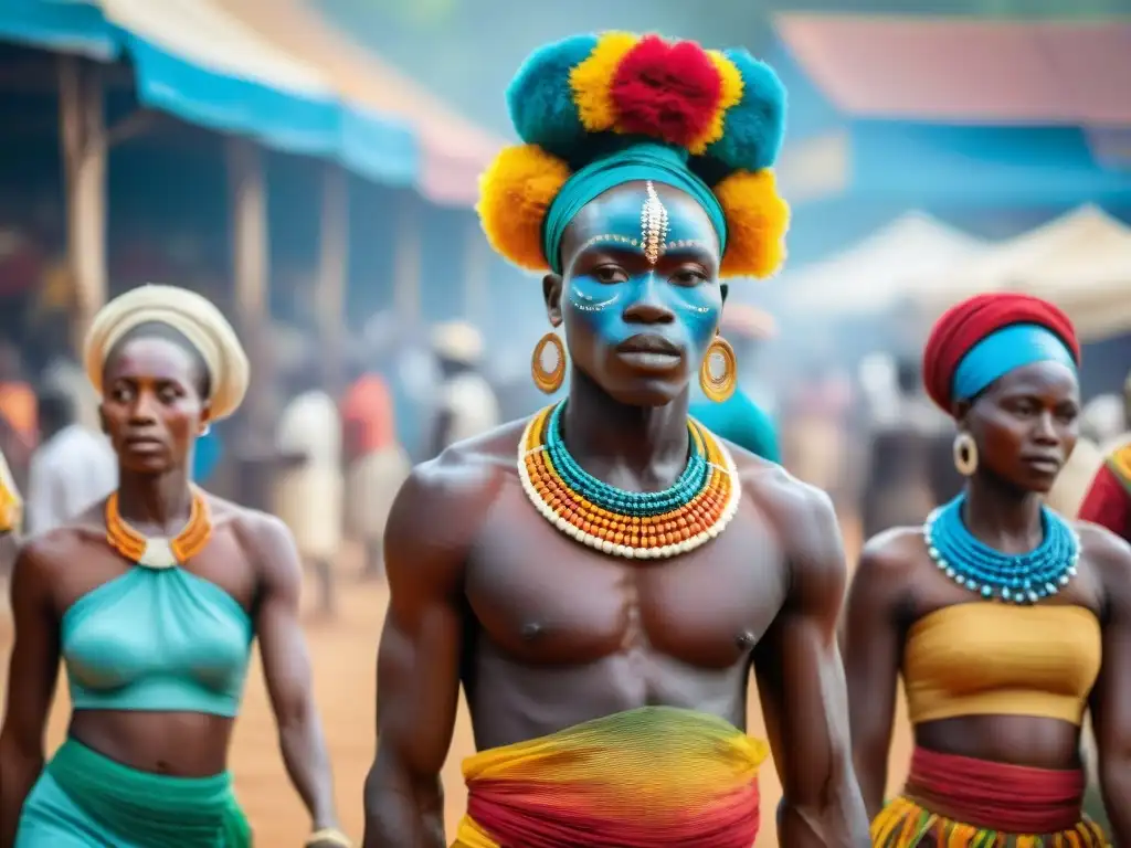 Grupo bailando en África Central, con trajes vibrantes y pinturas corporales, en un mercado bullicioso