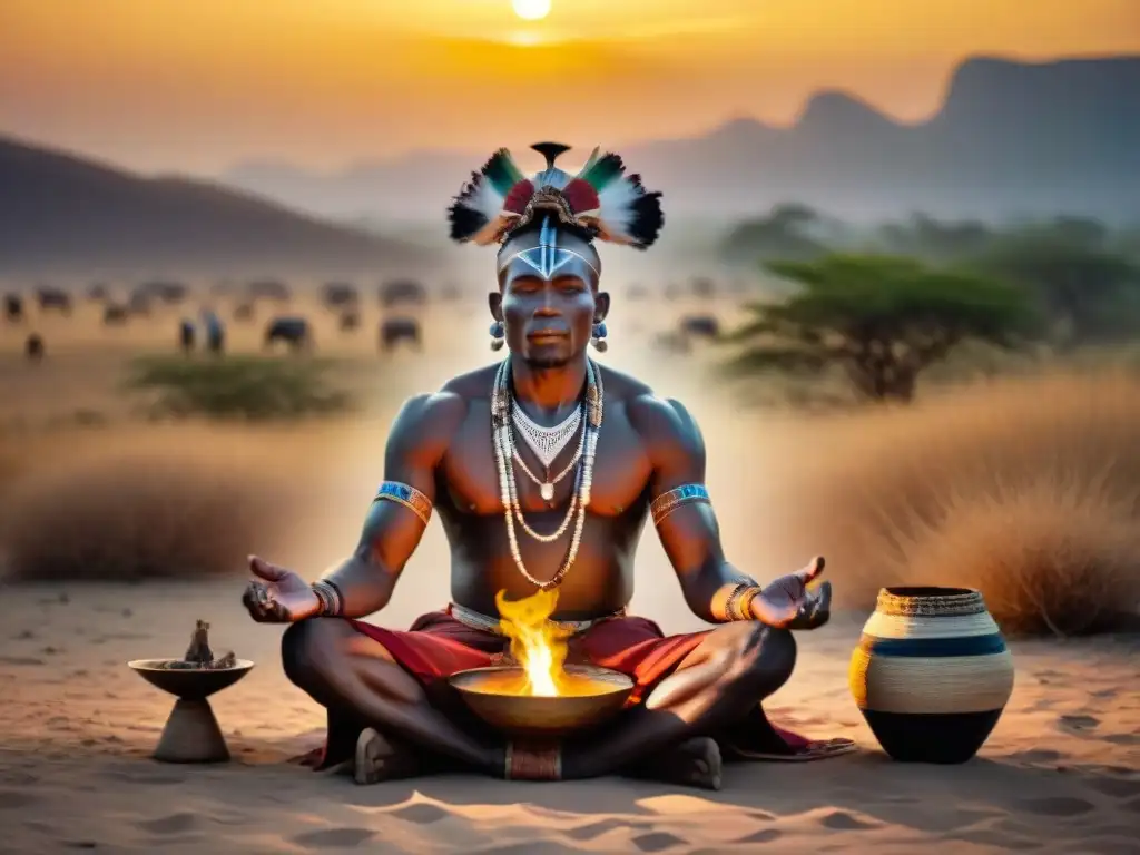 Ritual espiritual africano al atardecer Grupo de chamanes africanos realizando un ritual espiritual al atardecer con una dinámica llena de poder