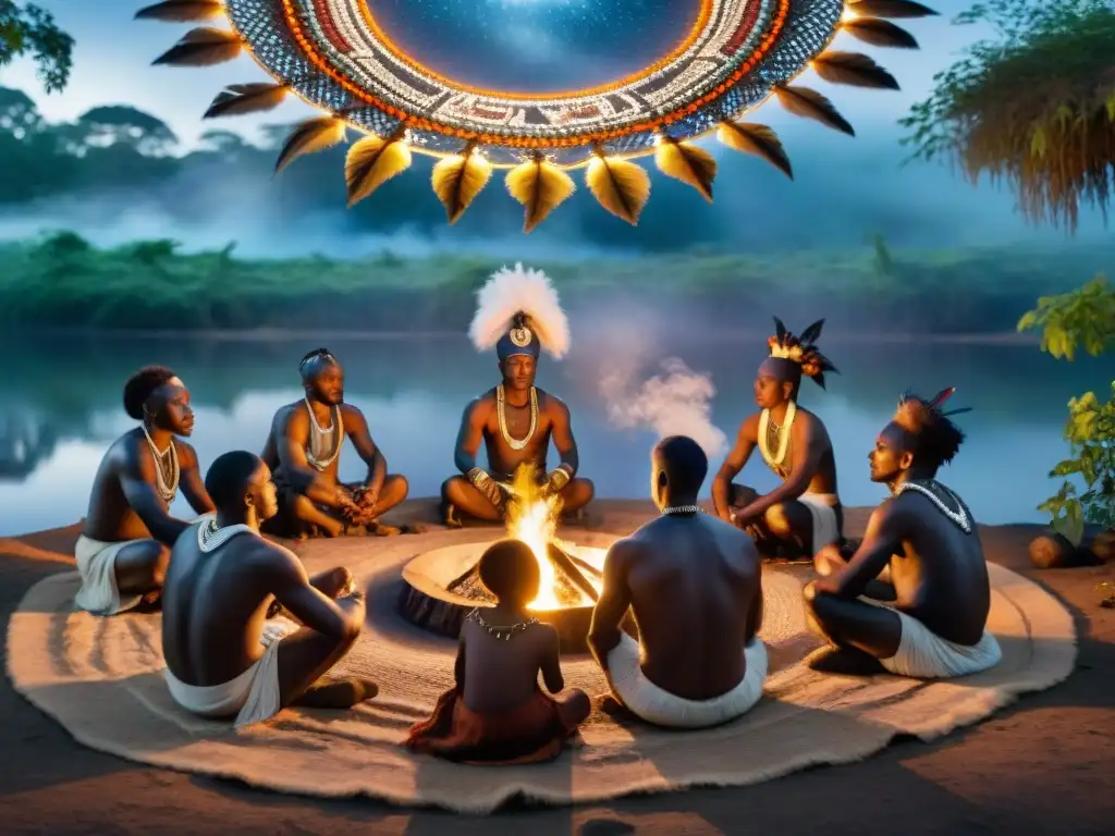 Un grupo de chamanes africanos en trance alrededor de una fogata en la selva