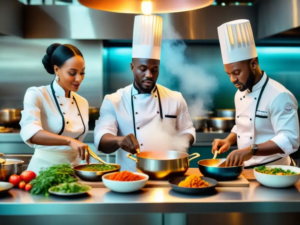 Un grupo de chefs africanos en una cocina moderna, fusionando técnicas tradicionales con contemporáneas