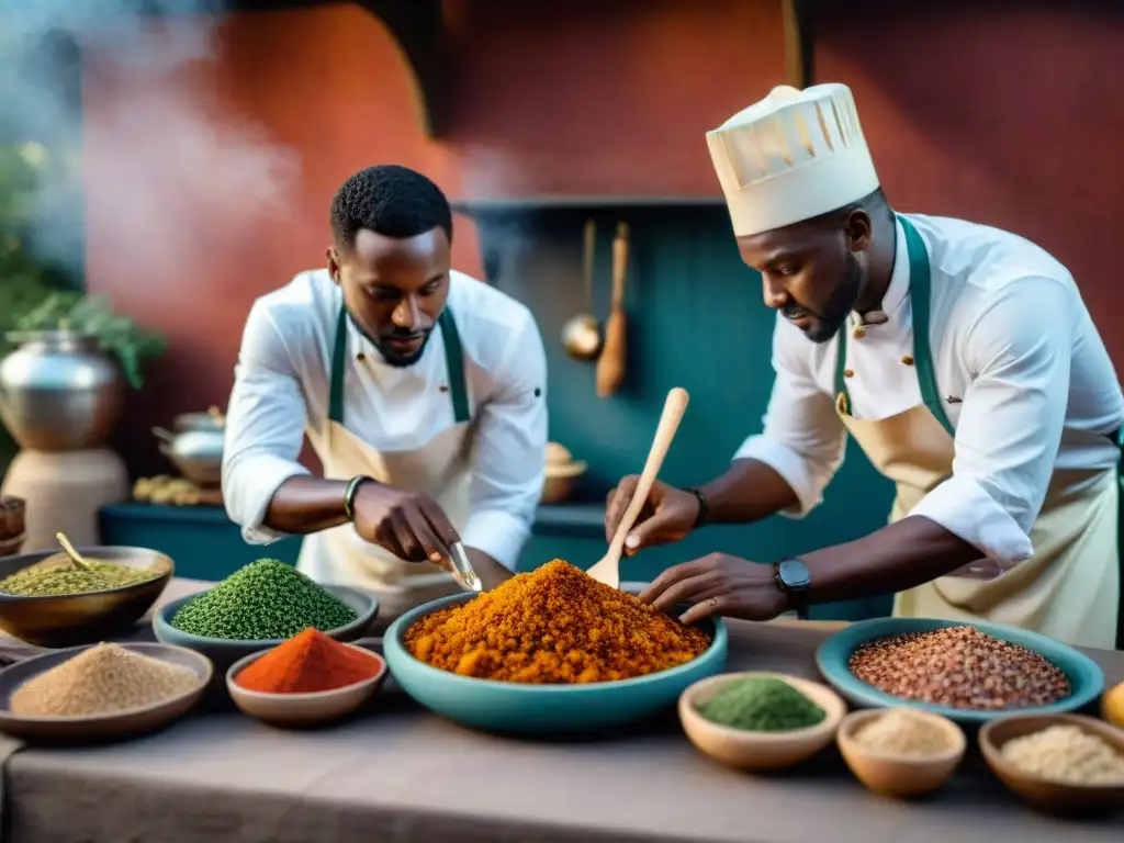 Un grupo de chefs africanos expertos en atuendos tradicionales preparando un banquete con técnicas culinarias ancestrales