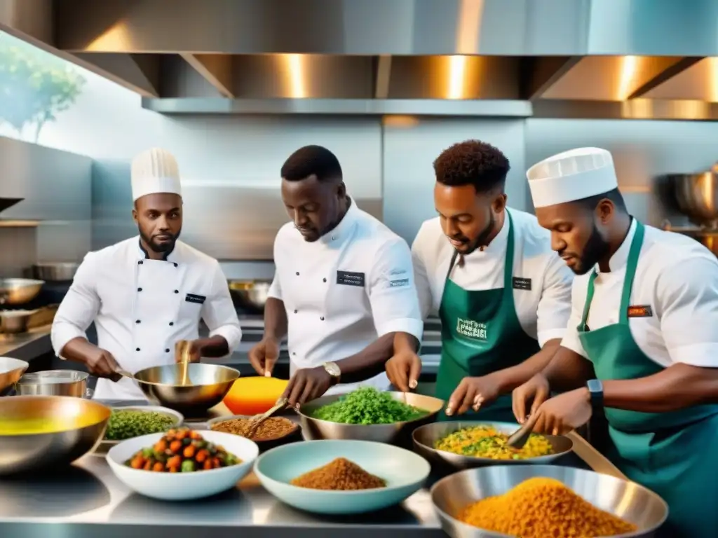 Un grupo de chefs africanos de diversas regiones preparando platos tradicionales en una cocina moderna y vibrante