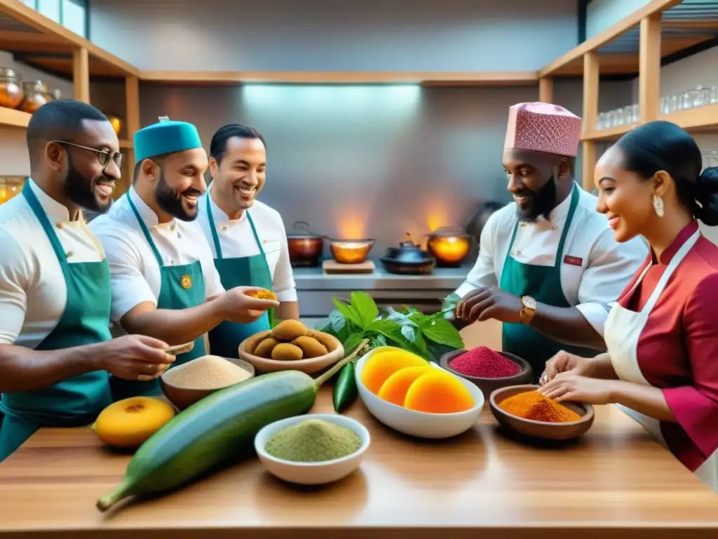 Grupo de chefs de diferentes continentes explorando ingredientes africanos en una escena culinaria vibrante