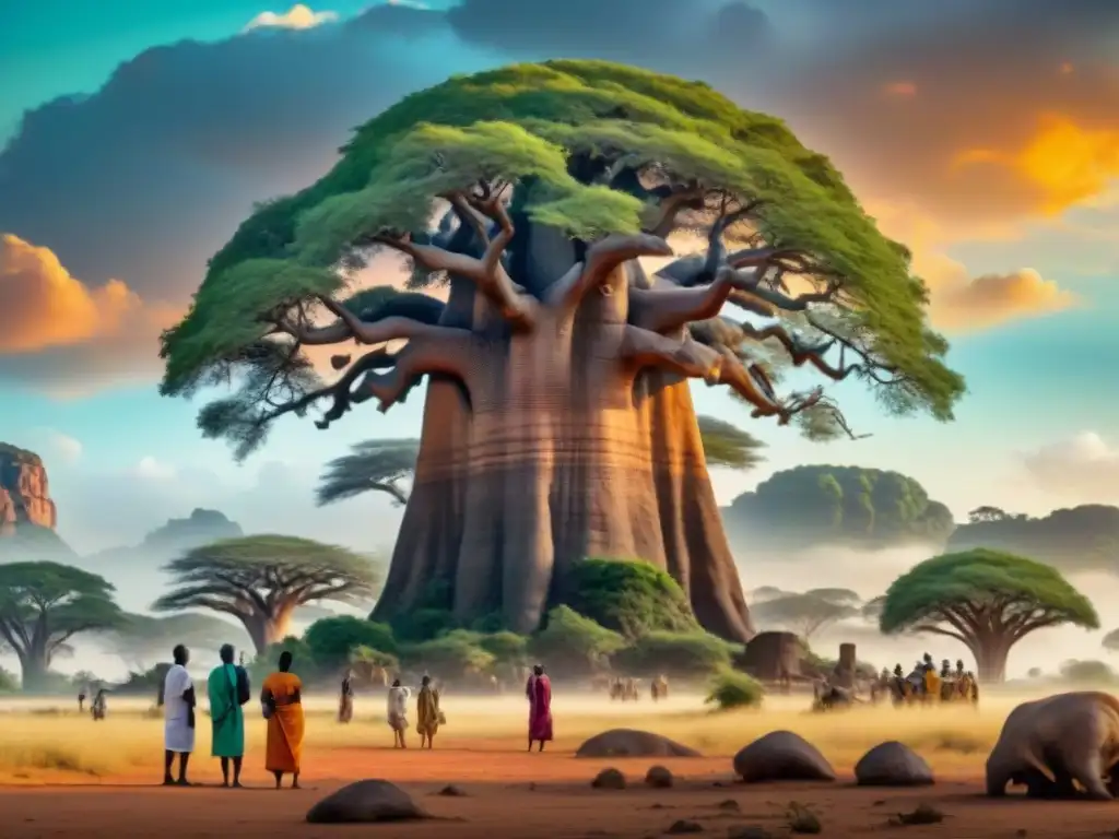 Un grupo de científicos africanos discuten bajo un baobab en la sabana, representando la fusión de sabiduría ancestral y tecnología