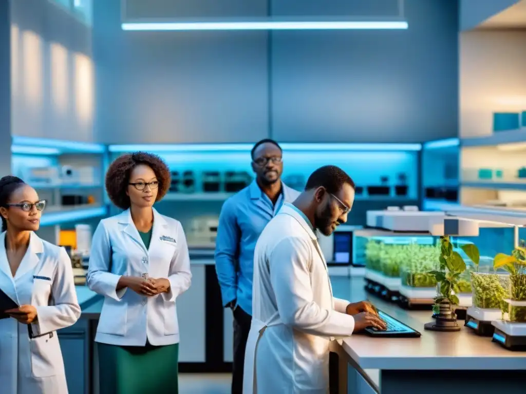 Grupo de científicos africanos en laboratorio de biotecnología, destacando la importancia de la biodiversidad africana en la investigación