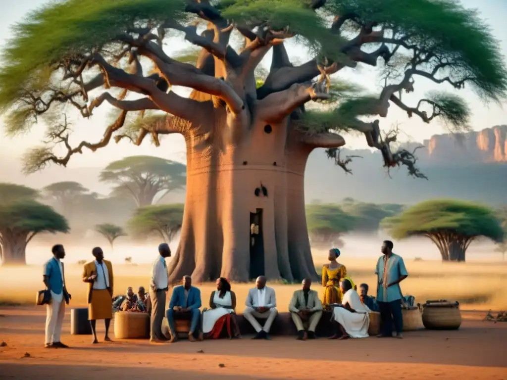 Grupo de cineastas africanos debatiendo bajo un baobab al atardecer, reflejando la identidad cultural cine africano