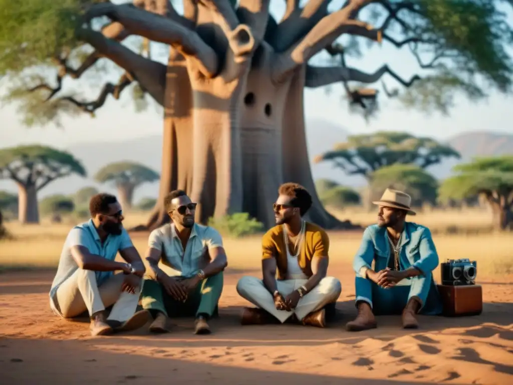 Un grupo de cineastas africanos discuten bajo un baobab, rodeados de cámaras y rollos de película, en la sabana dorada