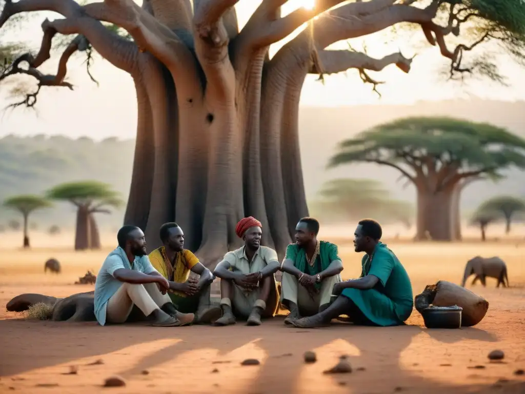 Grupo de cineastas africanos creando historias bajo un baobab, reflejando el espíritu del cine africano narrativas auténticas