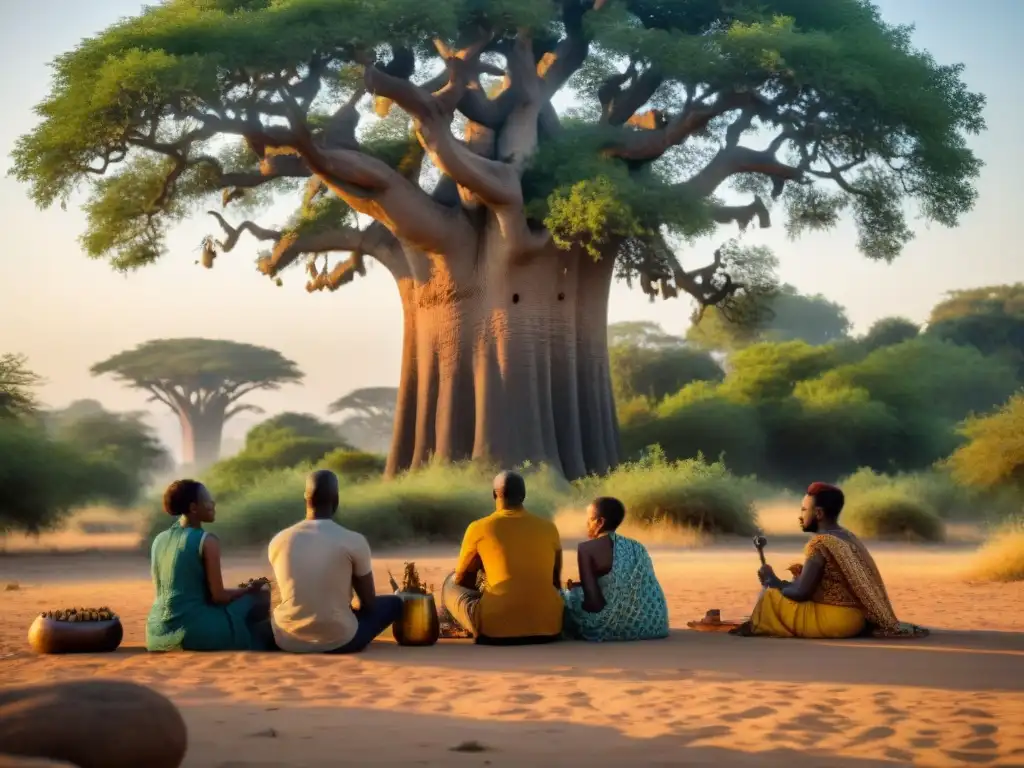 Un grupo de cineastas colabora con narradores africanos bajo un baobab, rodeados de artefactos tradicionales y música