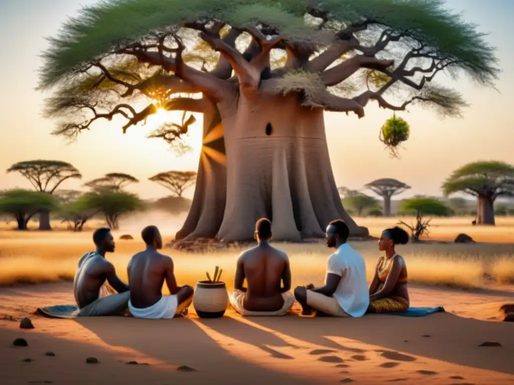 Grupo meditando en círculo bajo baobab en la sabana africana al atardecer