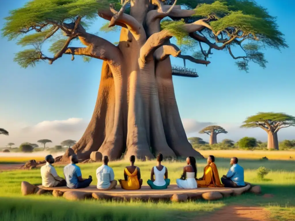 Grupo meditando en círculo bajo baobab en África