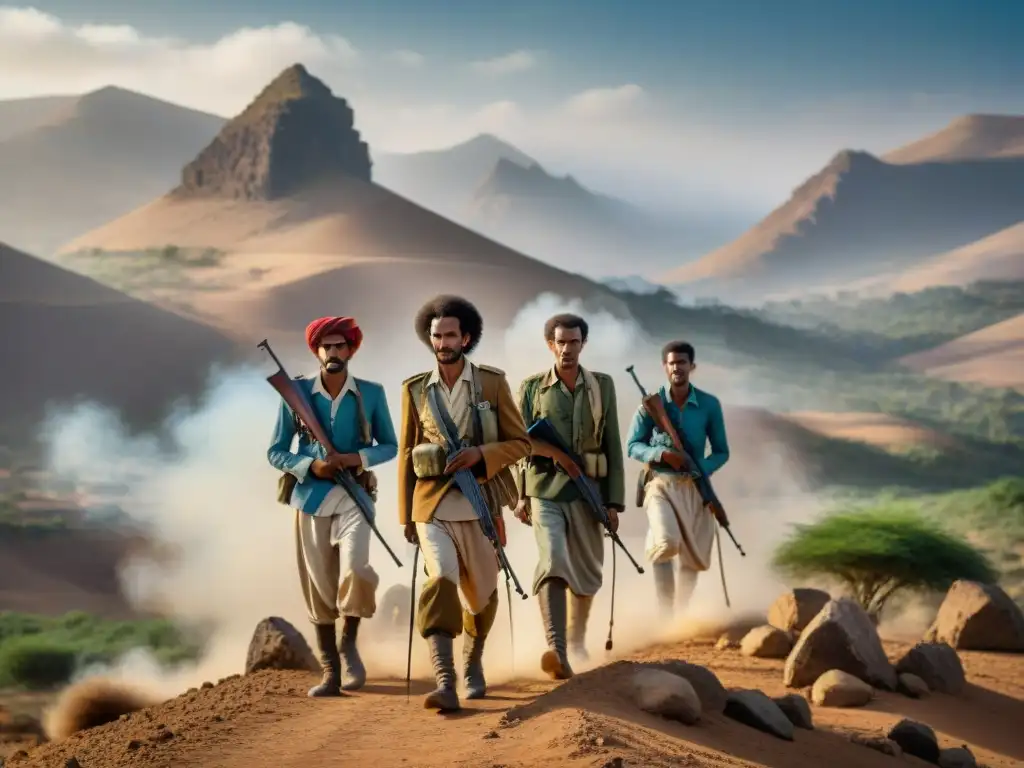 Grupo de combatientes eritreos en lucha por la autodeterminación, con determinación y resiliencia en paisaje árido