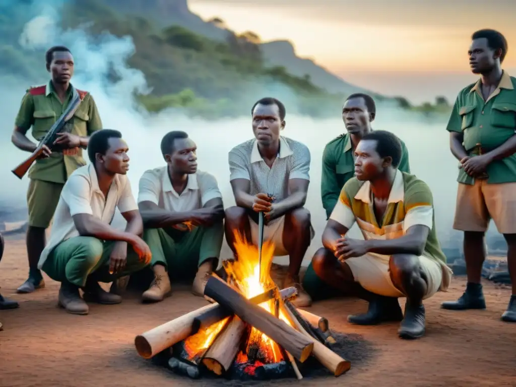 Grupo de combatientes de la independencia de Zimbabwe reunidos alrededor de una fogata en la lucha por la independencia