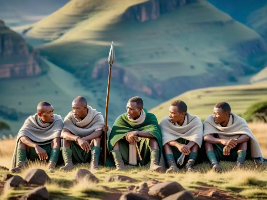 Grupo de combatientes de Lesotho en plena estrategia bajo un árbol en las Montañas Maloti, listos para la Batalla por la independencia Lesotho