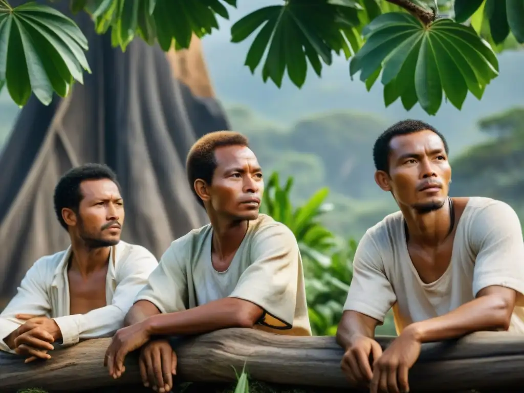 Grupo de combatientes malgaches planificando estrategias bajo un árbol, en la lucha por la independencia colonial de Madagascar