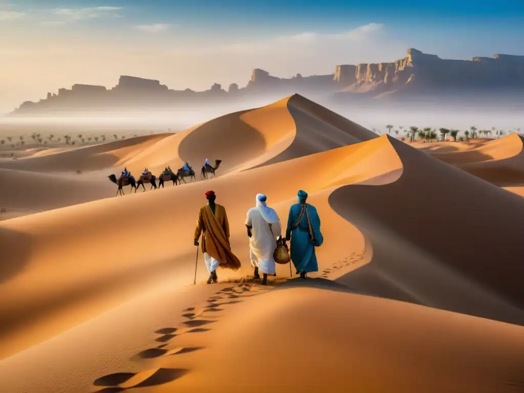 Grupo de comerciantes africanos con trajes tradicionales en desierto árabe, destacando legado africano en desierto Arabia