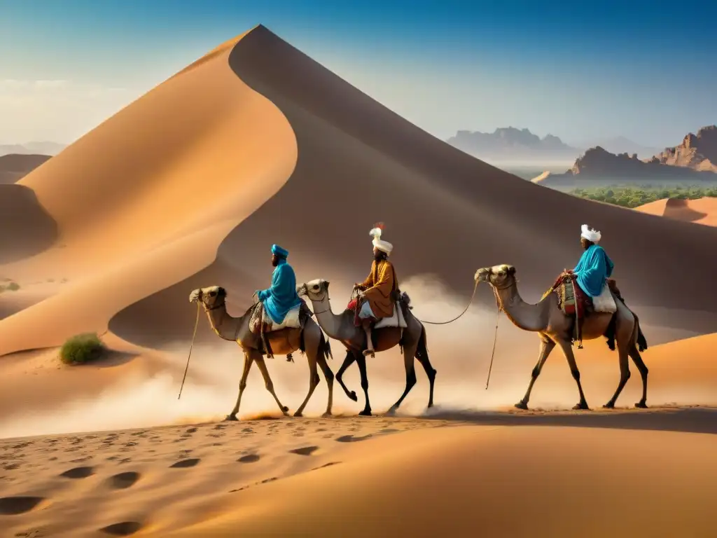 Un grupo de comerciantes sahelianos en camellos, usando astrolabios y brújulas en el desierto