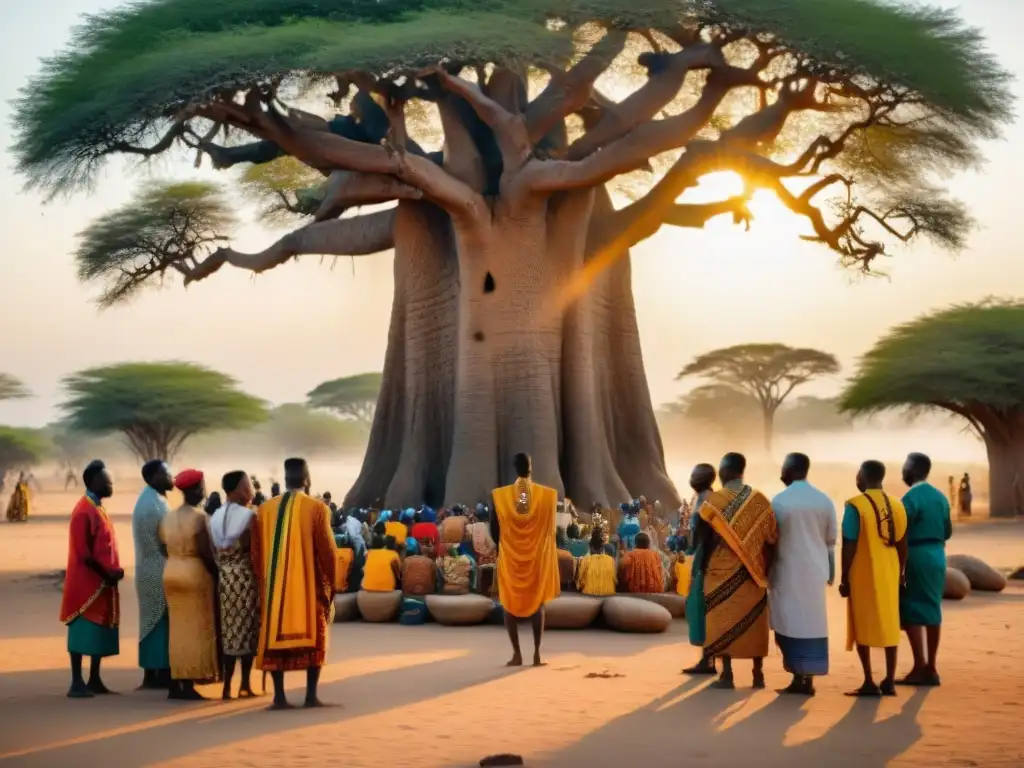 Grupo de creyentes realizando ceremonia religiosa bajo un baobab, destacando la diversidad religiosa en África