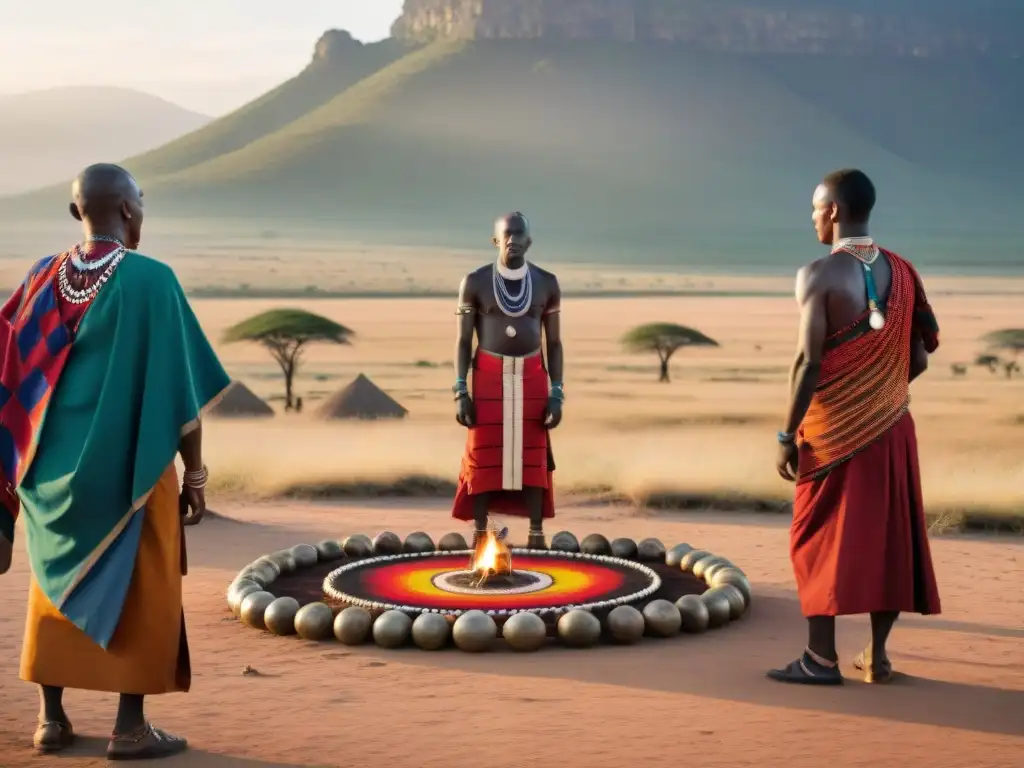 Un grupo de curanderos Maasai realiza un ritual al atardecer en las llanuras de Kenia, mostrando prácticas espirituales africanas de curación