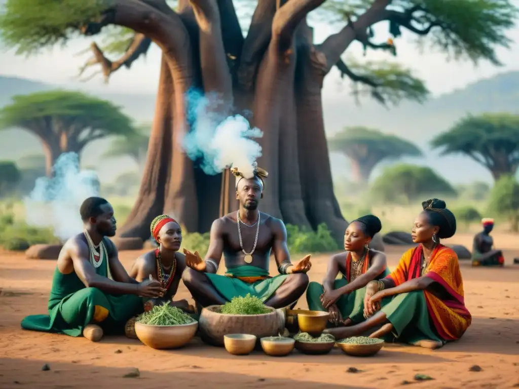 Un grupo de curanderos tradicionales africanos realizando un ritual bajo un baobab, rodeados de hierbas y herramientas tradicionales