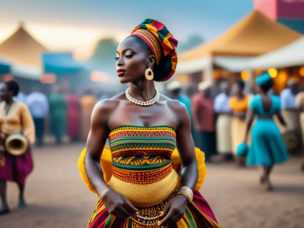 Grupo bailando danza africana en mercado al atardecer, reflejando la riqueza y diversidad de la diáspora africana