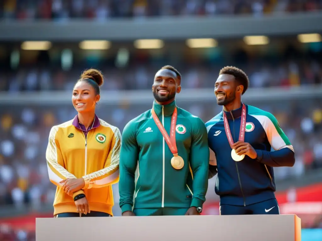 Un grupo de deportistas de la diáspora africana triunfa en el podio, con medallas y orgullo, en un estadio vibrante