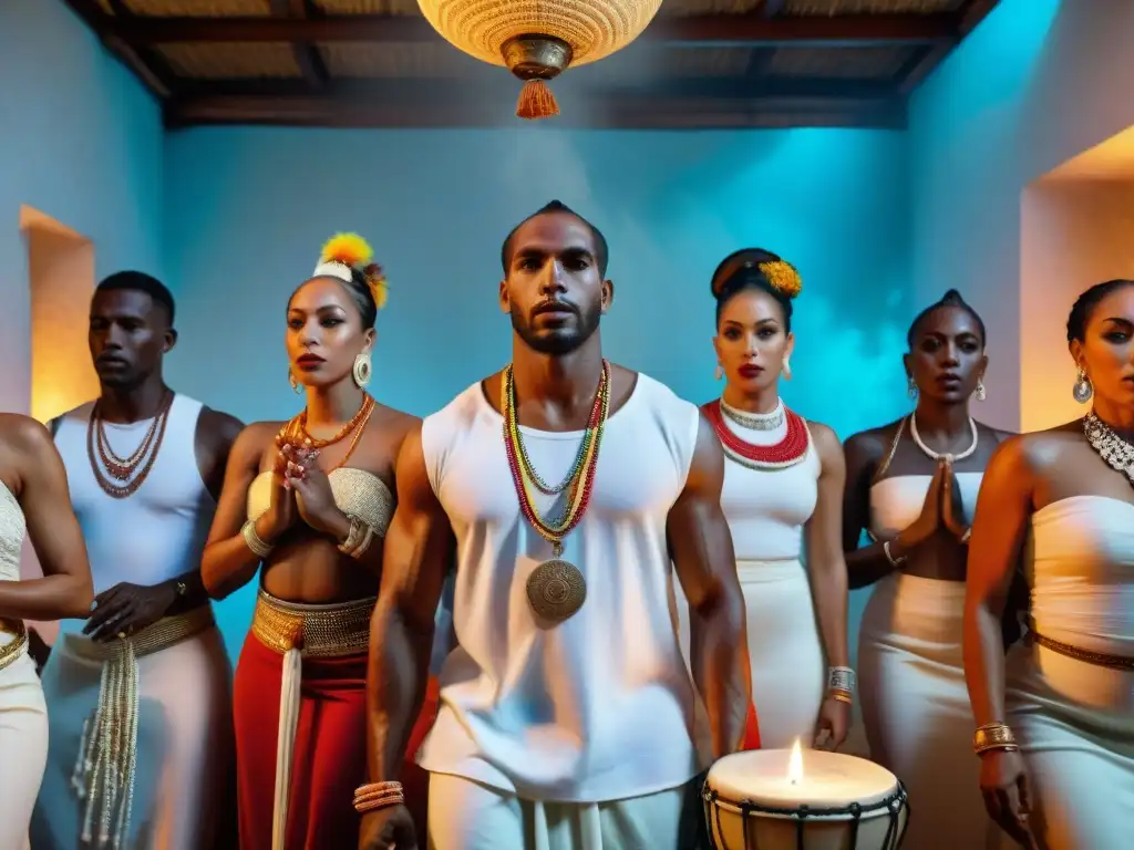 Un grupo de devotos afrocubanos honra a los Orishas en un ritual, mostrando el sincretismo afrocubano en la sociedad contemporánea