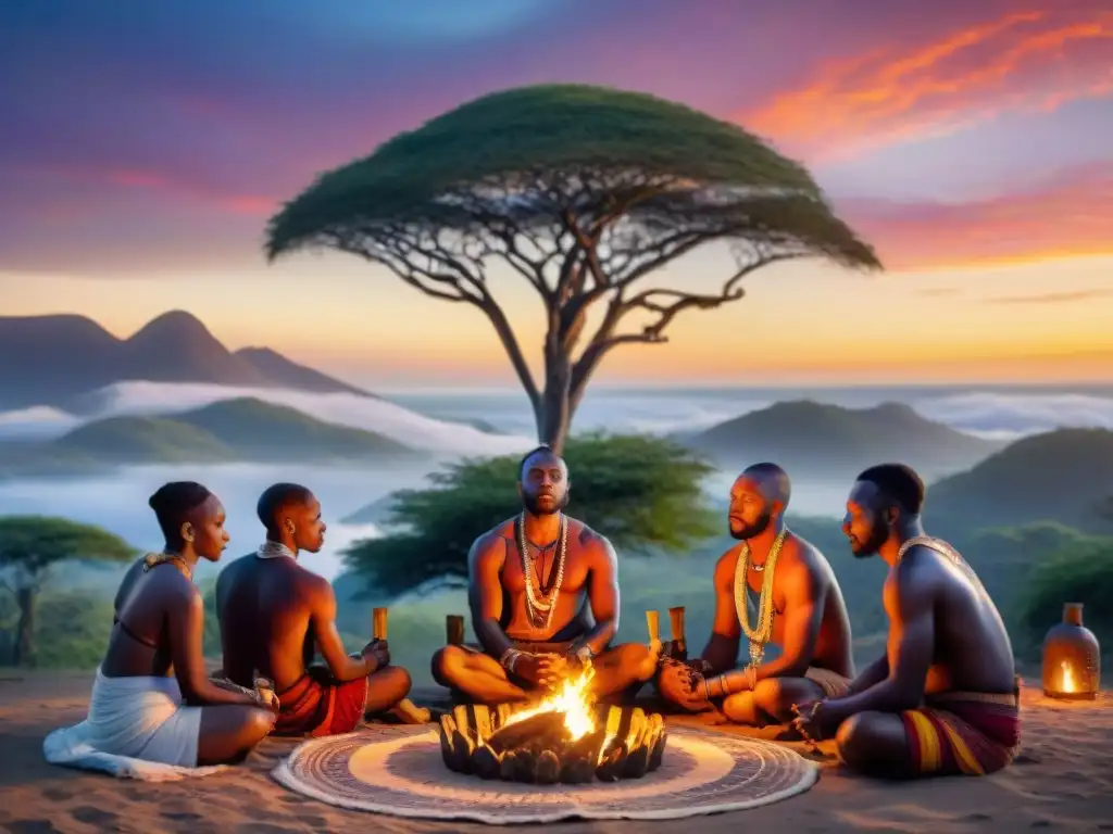 Un grupo de la diáspora africana realiza un ritual sagrado al atardecer, inmersos en un ambiente místico