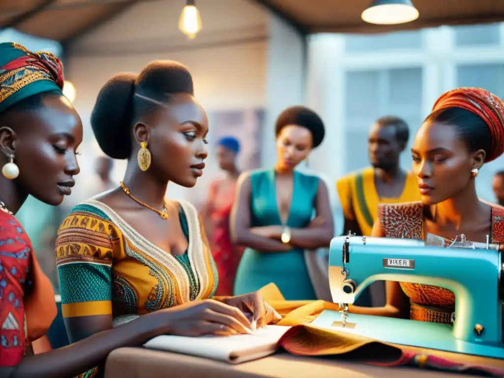 Grupo de diseñadores africanos inmersos en la moda, colaborando en un mercado vibrante con textiles y máquinas de coser