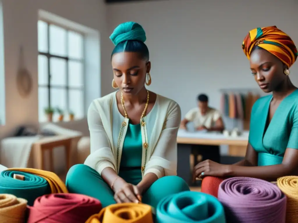 Un grupo de diseñadores africanos crea moda sostenible en un estudio colorido y brillante, entre telas locales