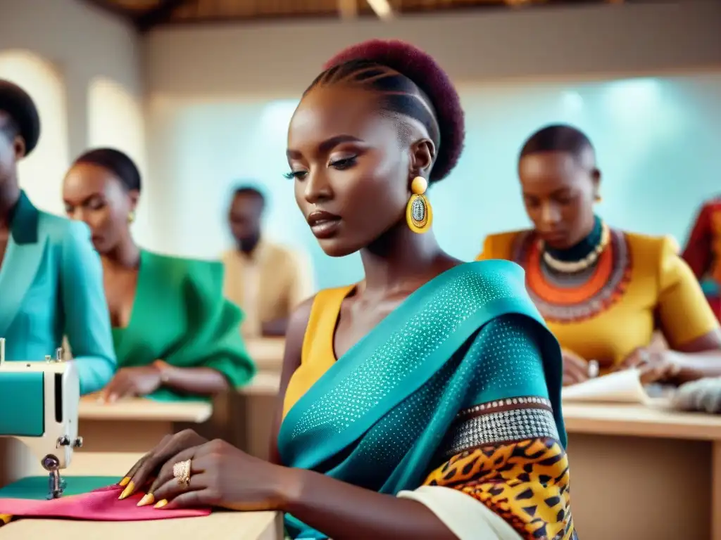 Grupo de diseñadores de moda africana en taller creativo, fusionando elementos tradicionales con tendencias modernas